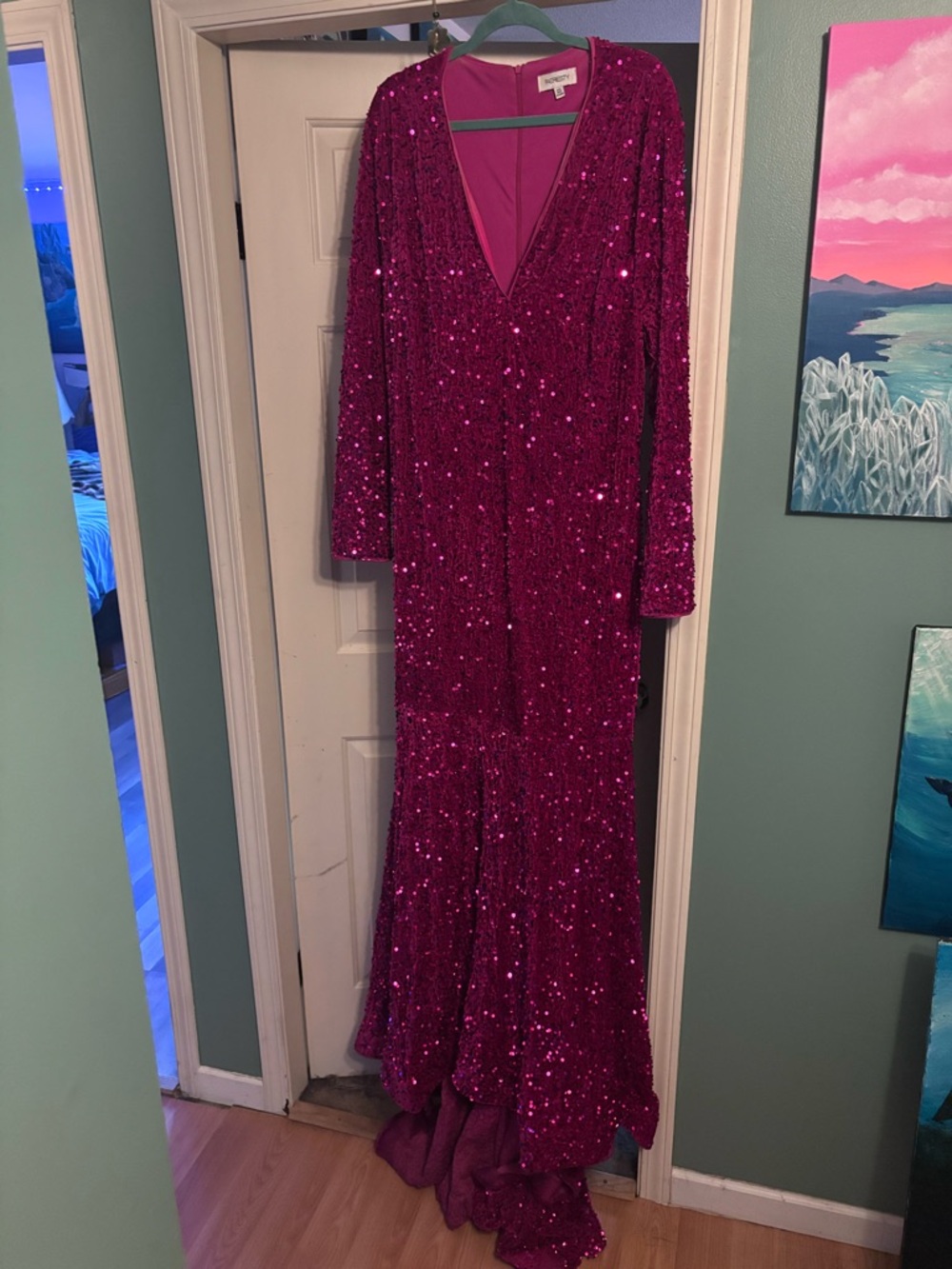 Sequin V-Neck Long Sleeve Fuchsia Evening Dress